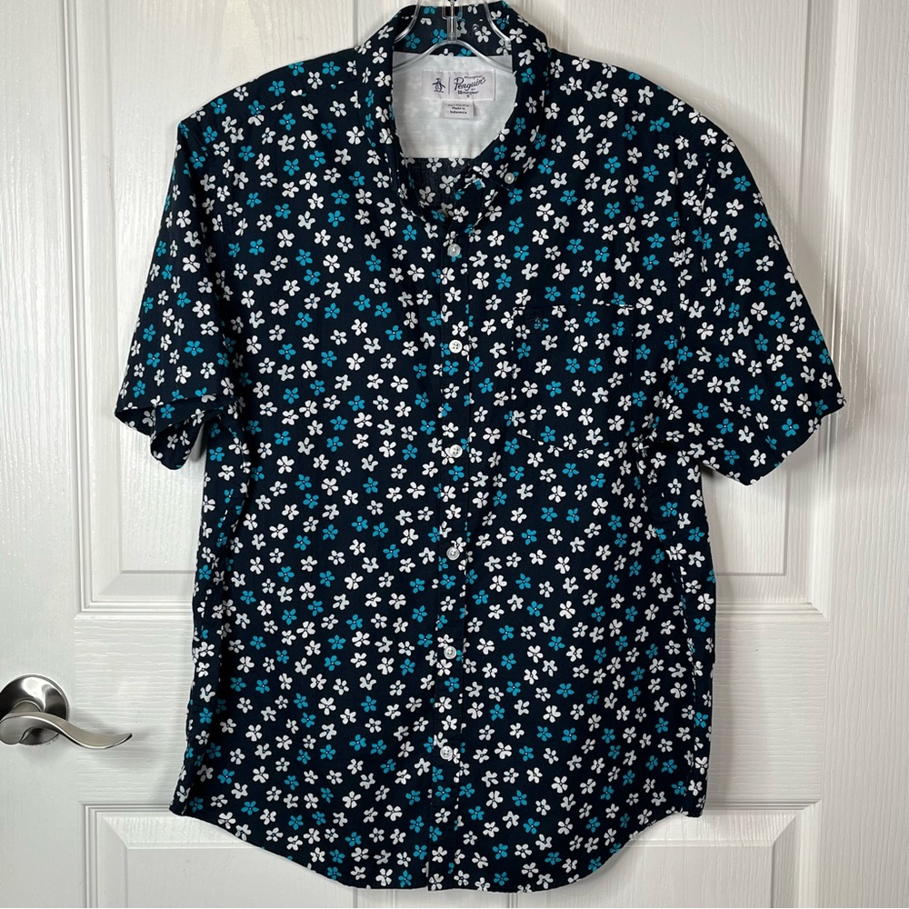 Original Penguin Sz XL Blue White Floral Short Sleeve Button Up Shirt
